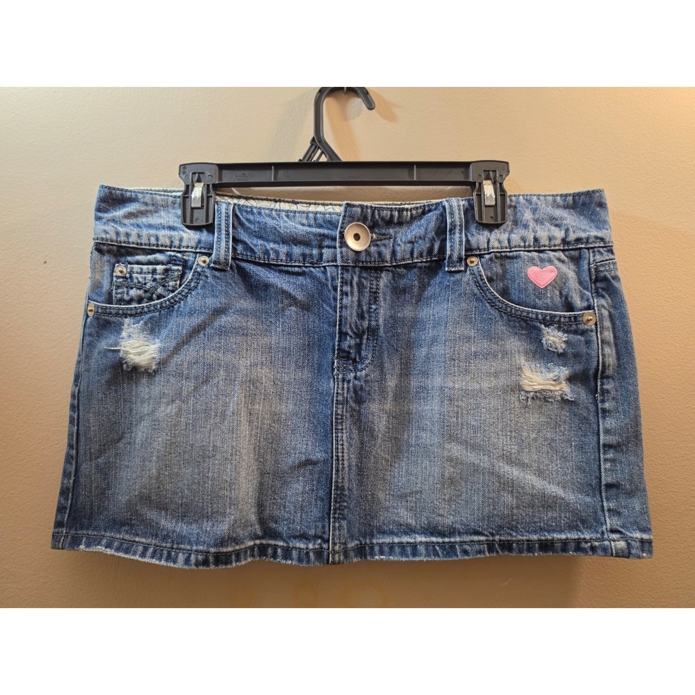 SO Wear It Declare It Denim Mini Skirt Butterfly Heart Patch Distressed Size 13